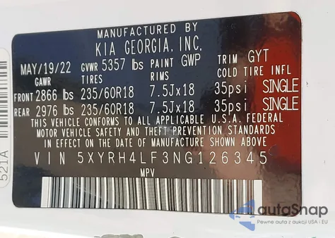 2022 Kia Sorento Ex from USA, damaged, VIN 5XYRH4LF3NG126345